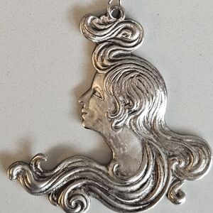 Antique French Art Nouveau Large Sterling Silver Lady Flowing Hair Pendant